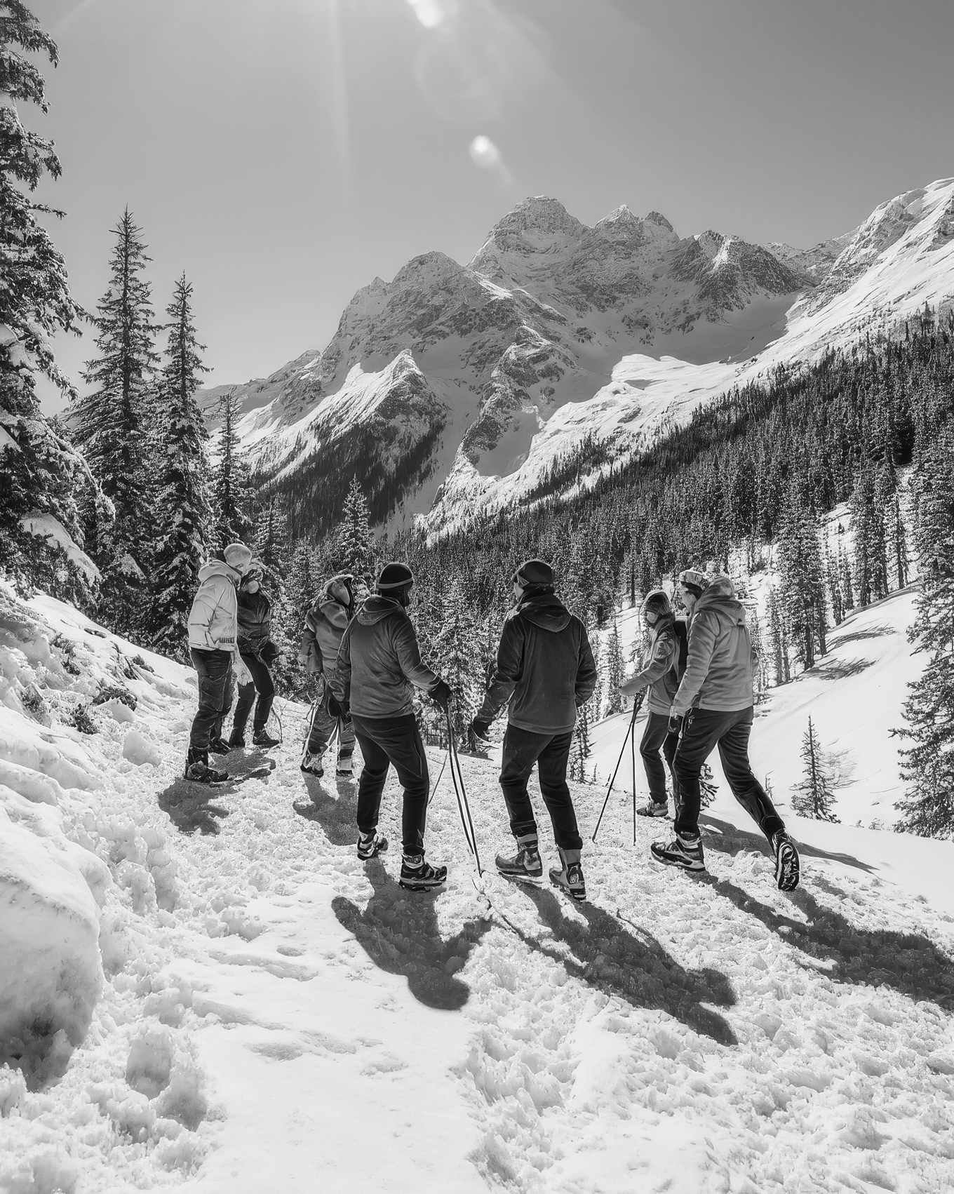 Gruppo in ciaspolata in un paesaggio innevato