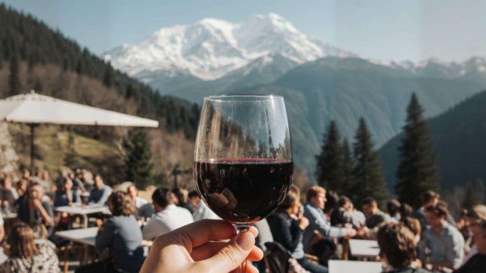 Calice di vino con terrazza e montagne sullo sfondo