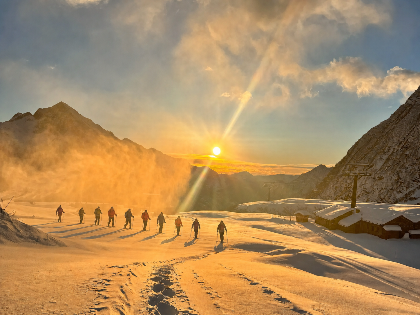 Gruppo in ciaspolata sulla neve al tramonto